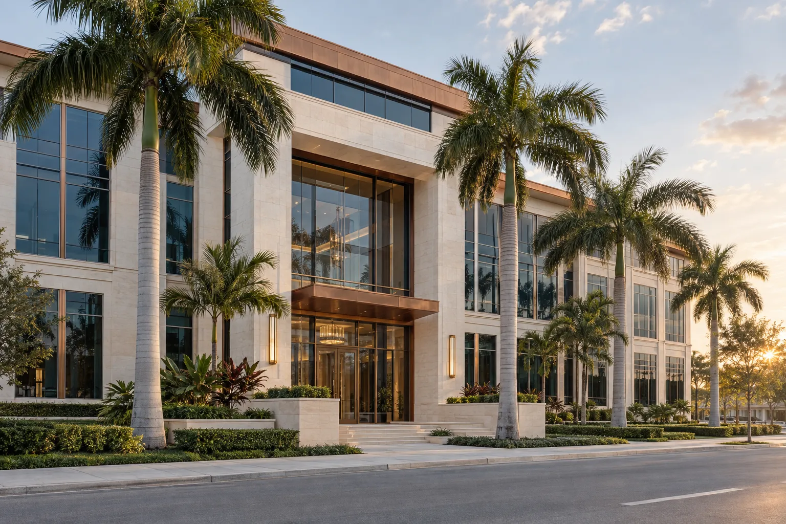 A completed limestone and glass office building with royal palms in early morning light