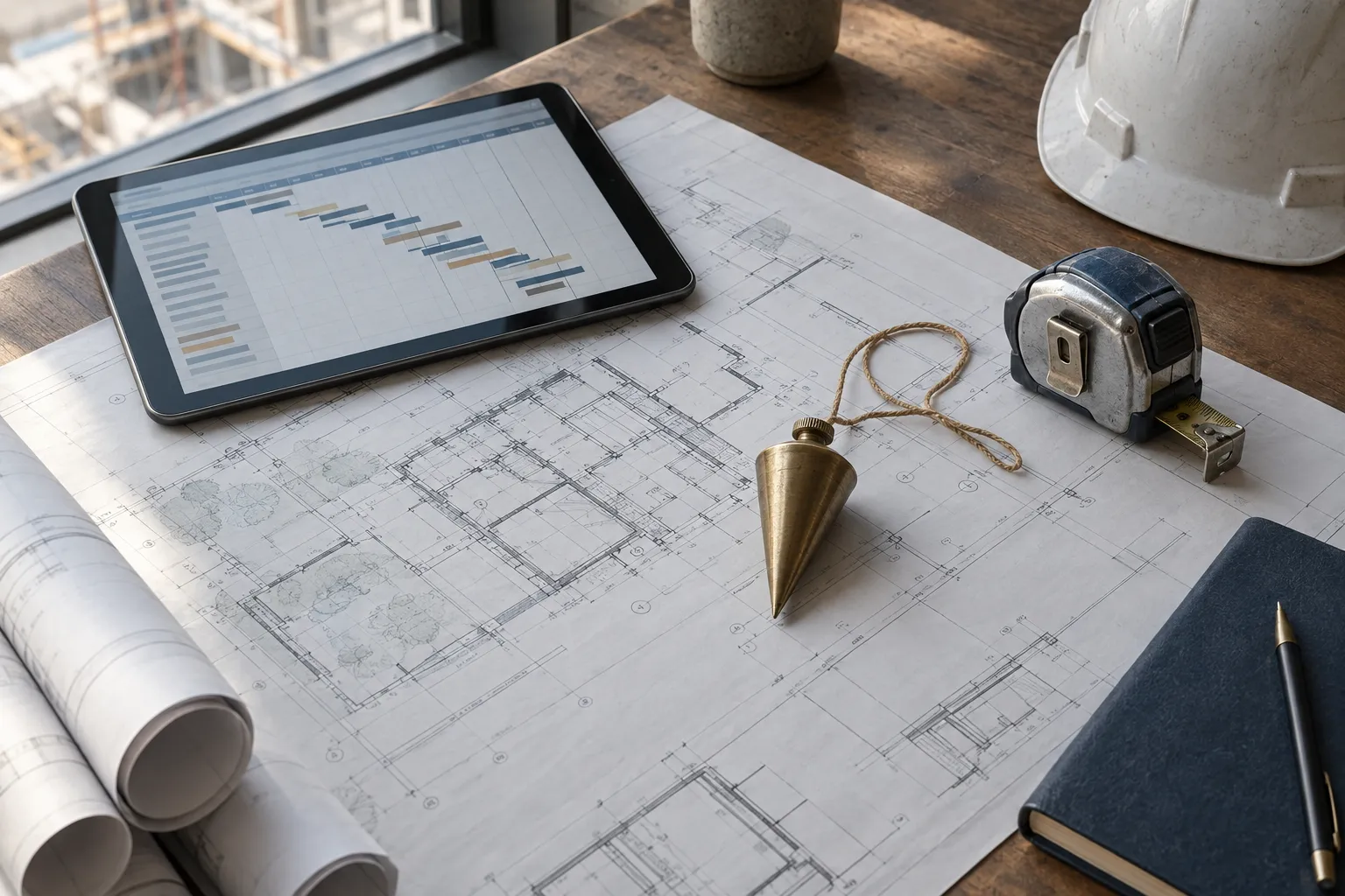 Construction drawings on a site office table with a brass plumb bob, tape measure and tablet