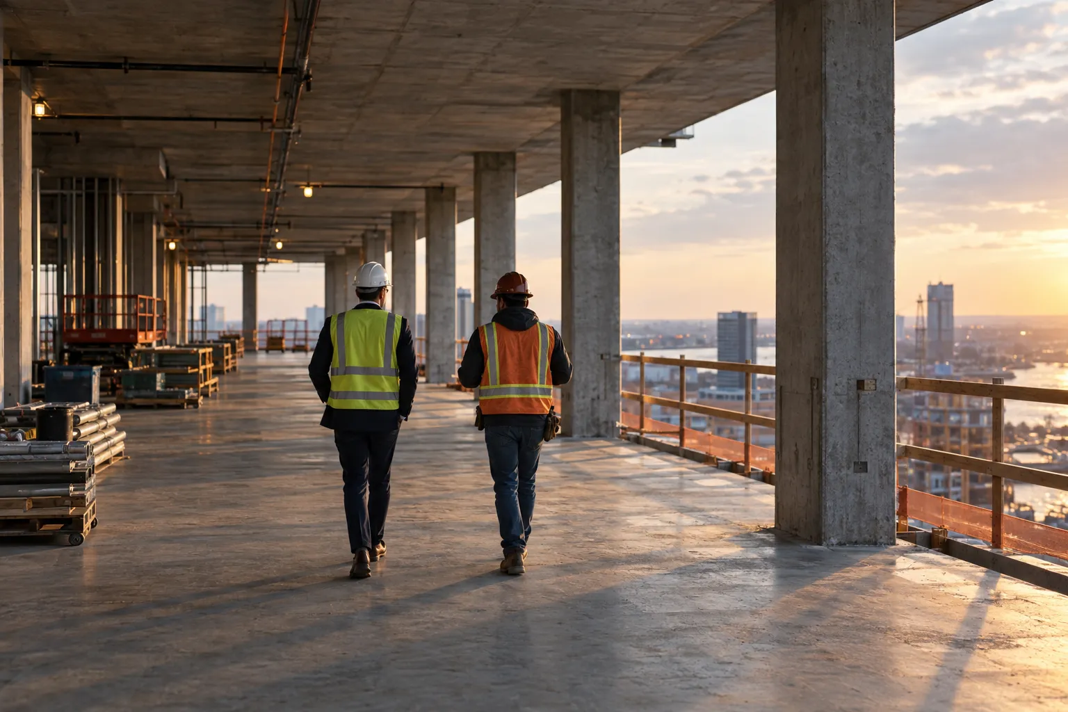 An owner's representative and a superintendent walking an active construction floor at sunset
